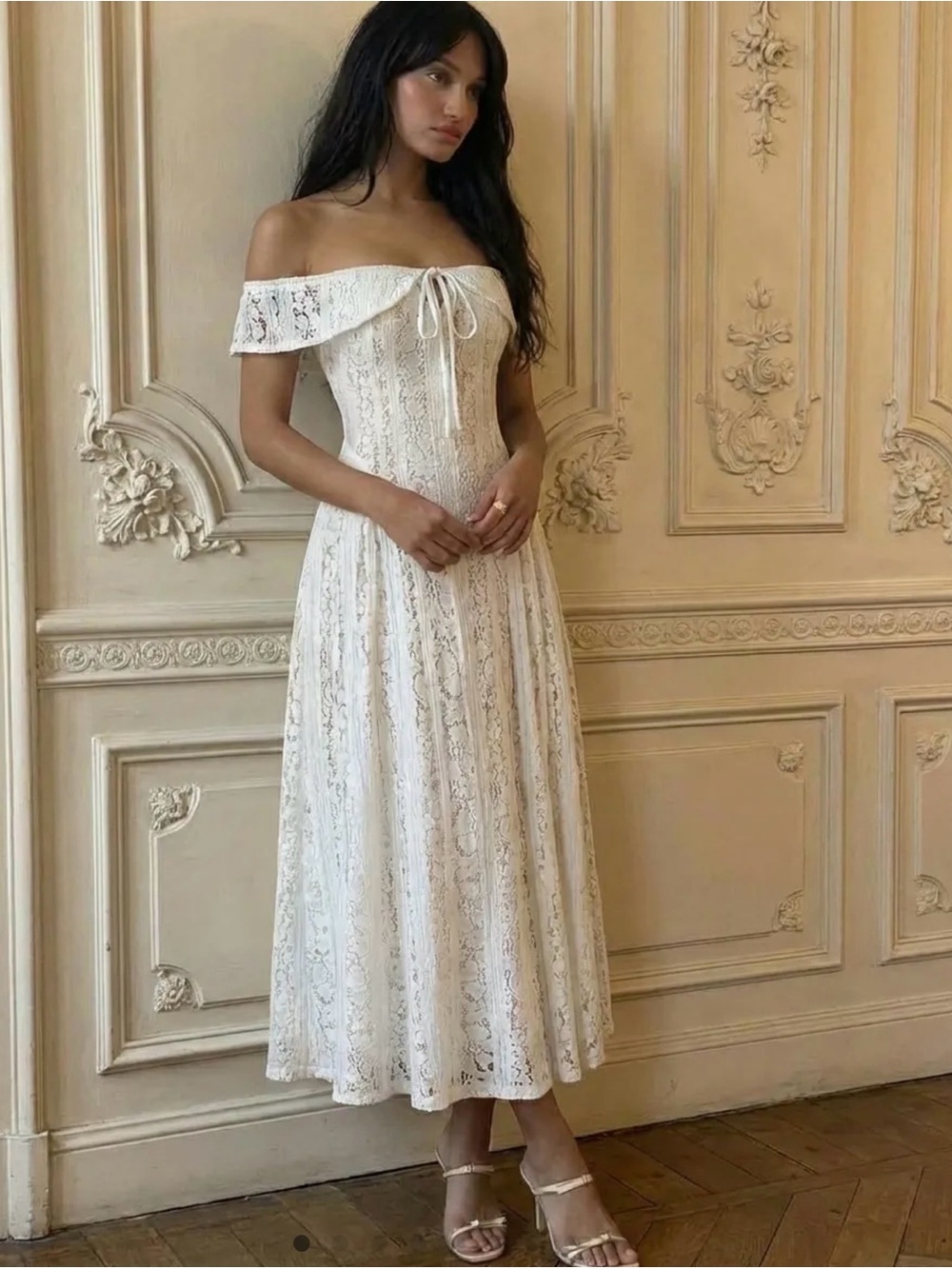 Cider Off-Shoulder Lace Midi Dress in White